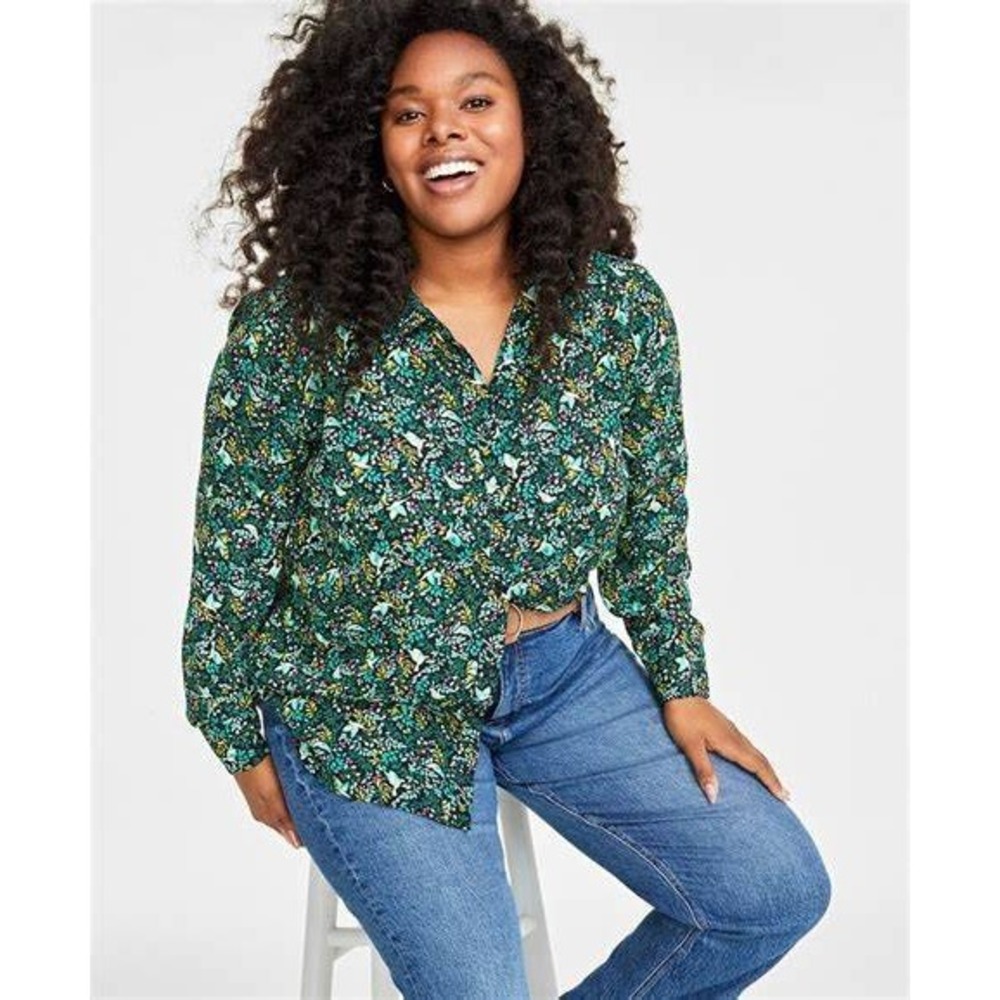 PLUS 1X On 34th womens long sleeve button up blouse green floral vine bird print
